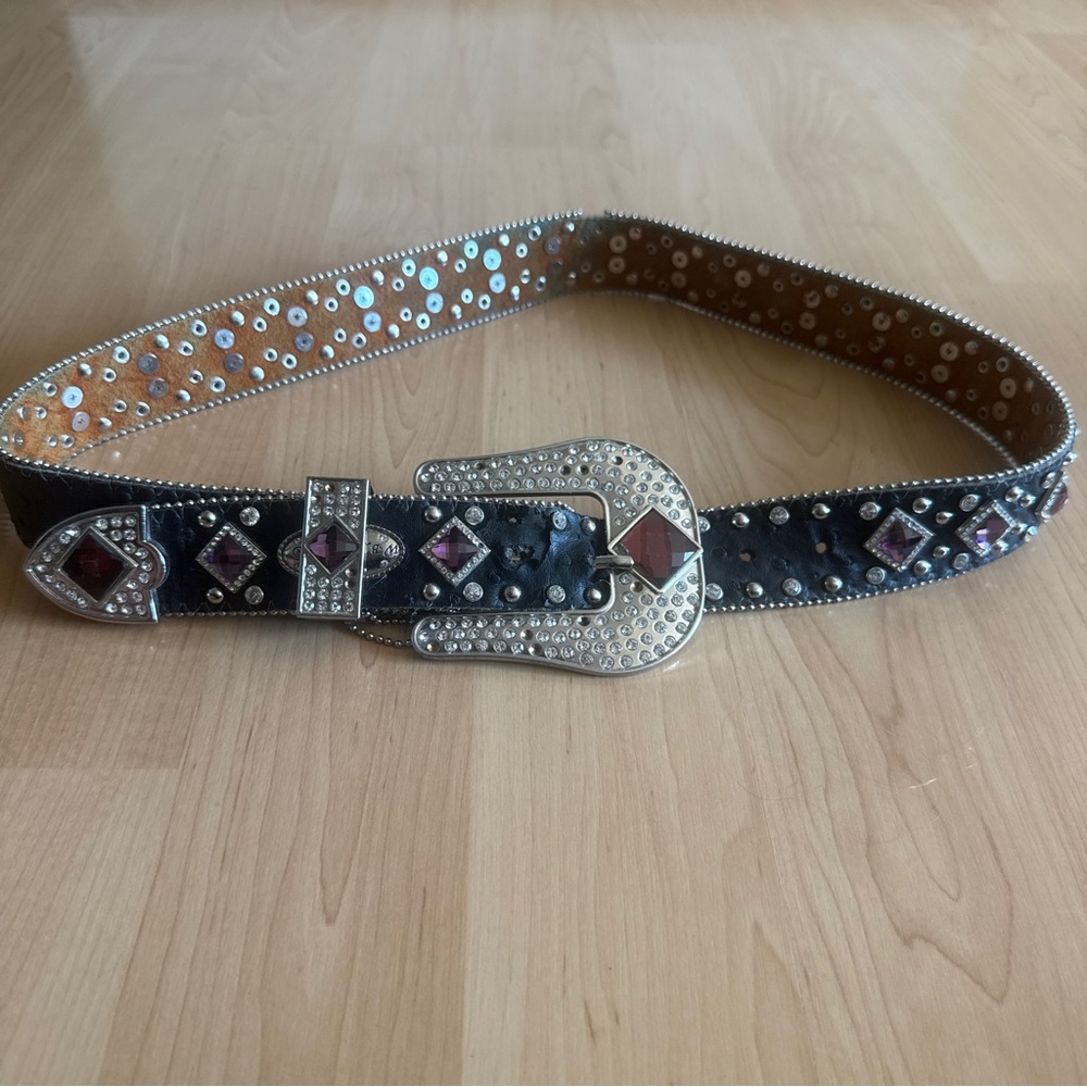 WB Atlas Women’s Black Leather Belt Western Bling Rhinestone Cowgirl Rodeo, Sz M